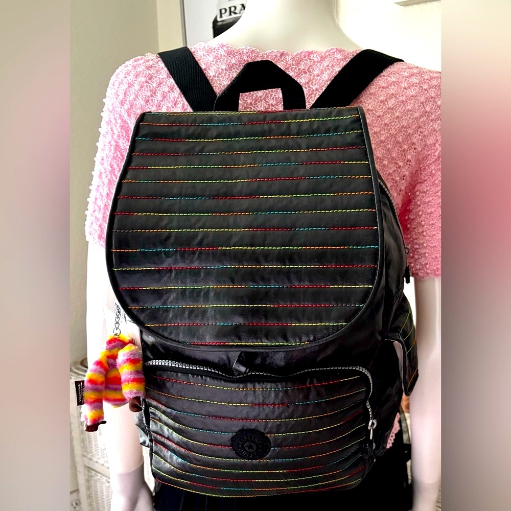 Kipling Rainbow Stitch Ravier DayPack Backpack in Black Style  BP4154 LQR NWT